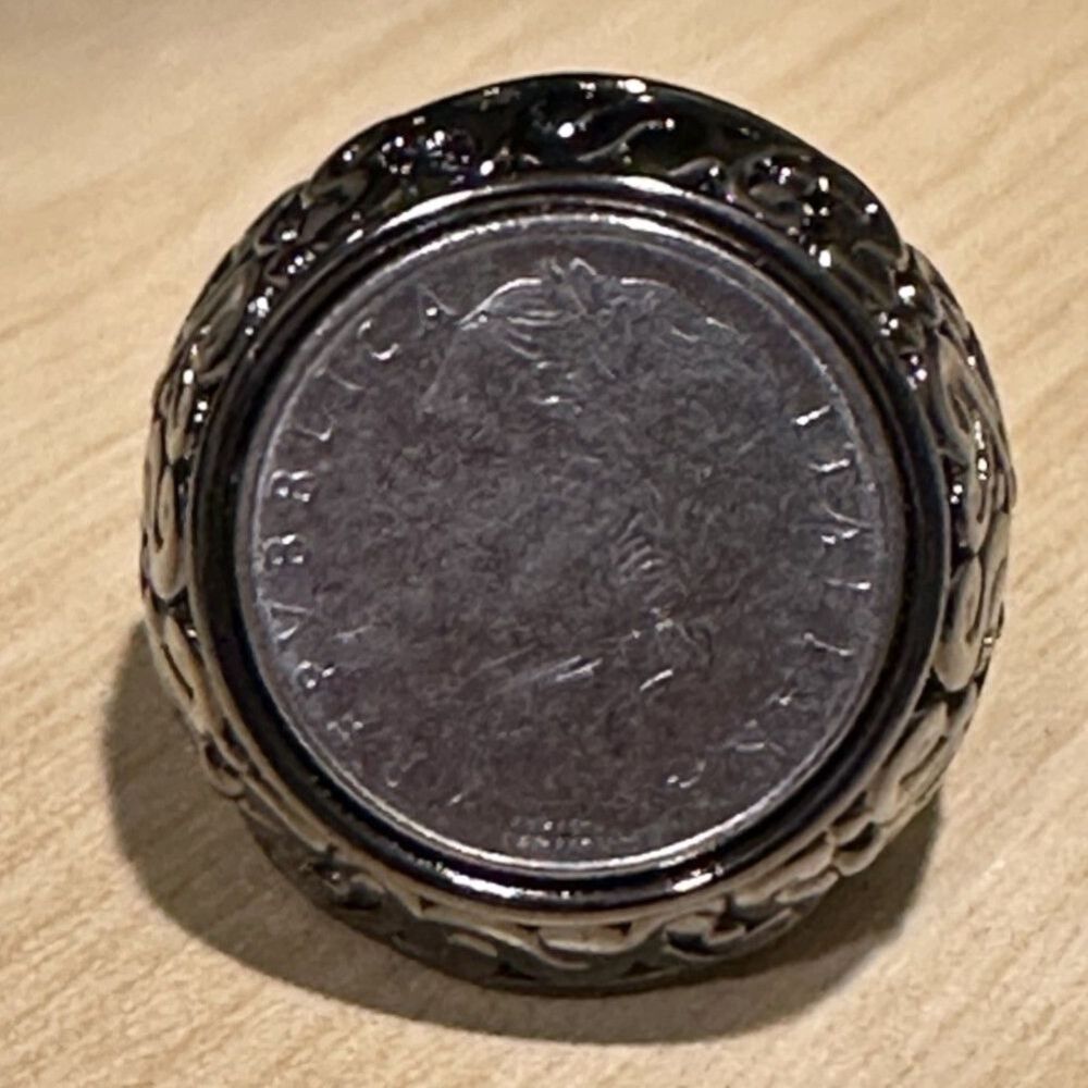 Black Stainless Steel Italian Coin Signet Ring, Size 6